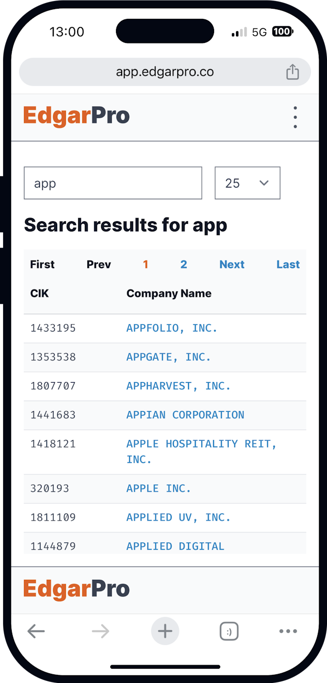 UI screenshot of the company listing screen.