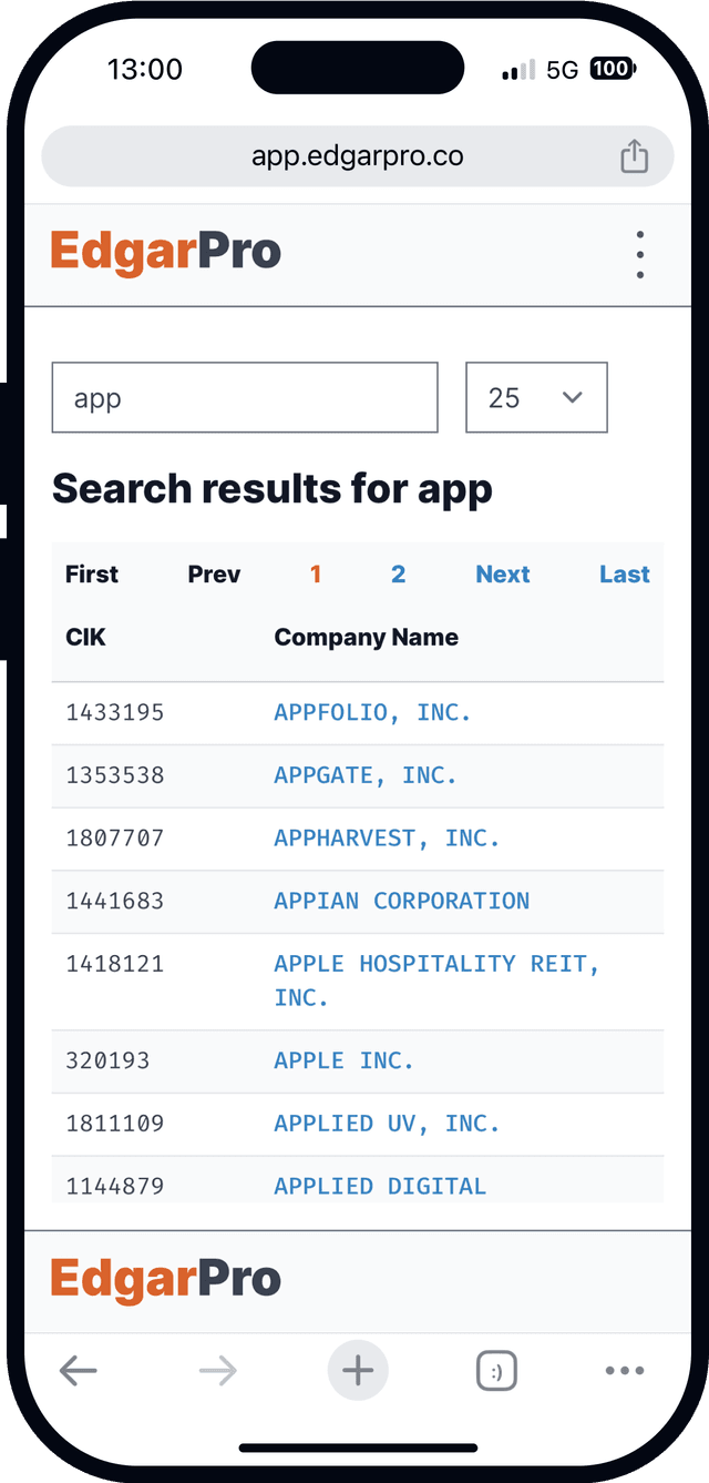 UI screenshot of the company listing screen.
